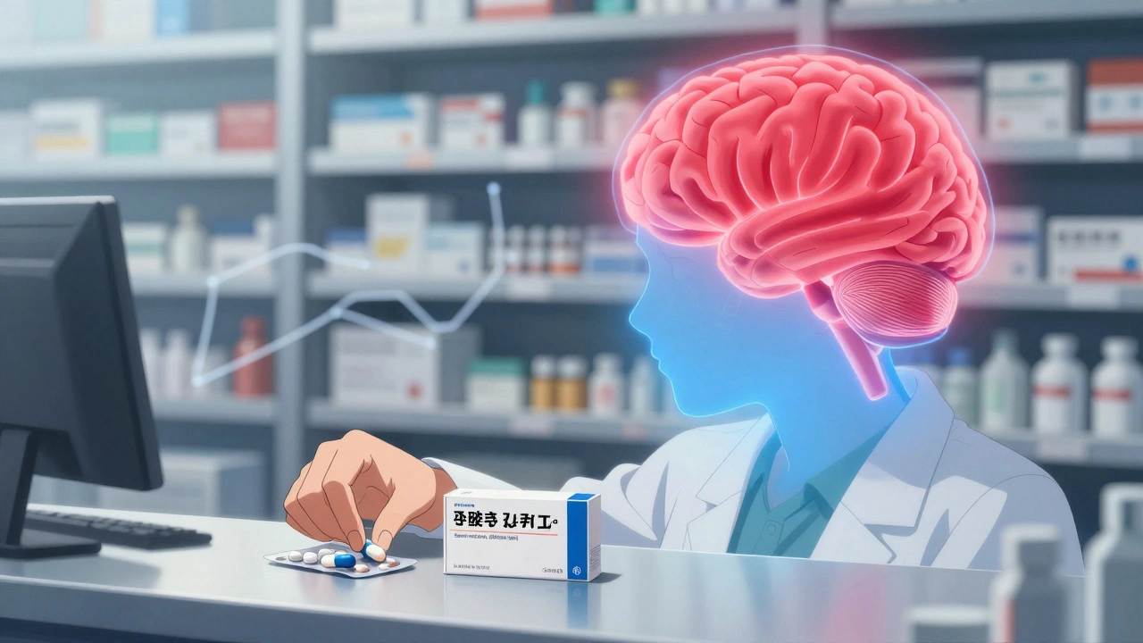 A pharmacist placing two identical pills on a counter, with a brain overlay showing red threat signals fading to blue.
