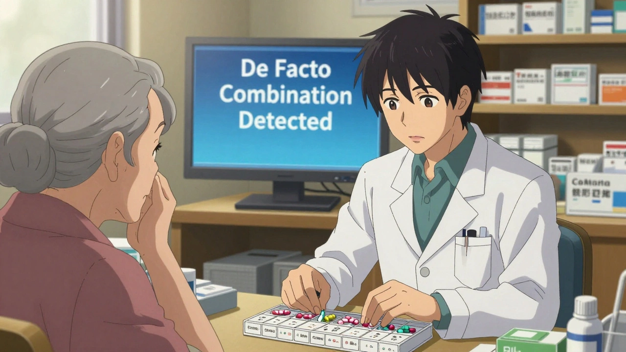 A pharmacist sorts generic pills into a weekly organizer while an elderly woman watches anxiously.