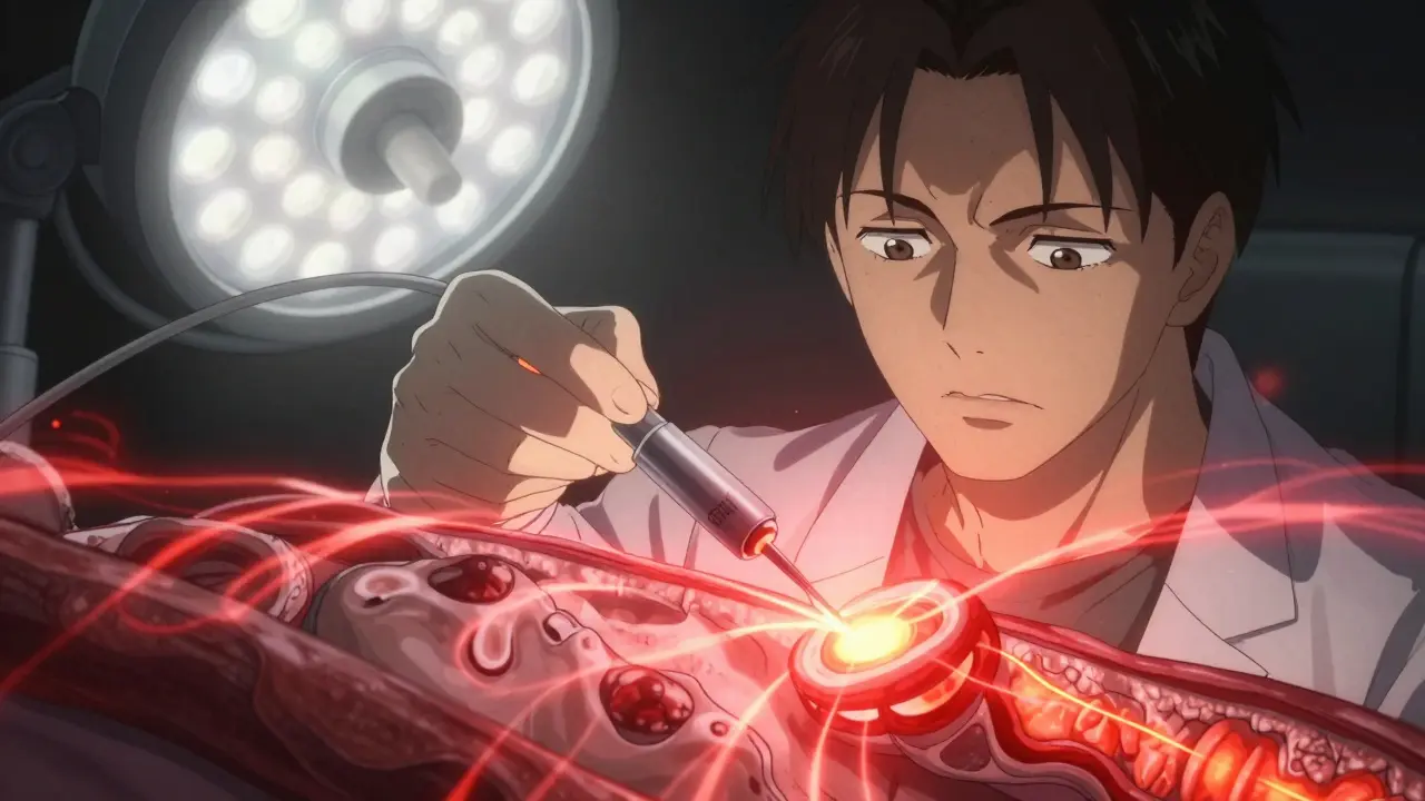 A physician performing radiofrequency ablation on the esophagus, with energy waves erasing damaged tissue.