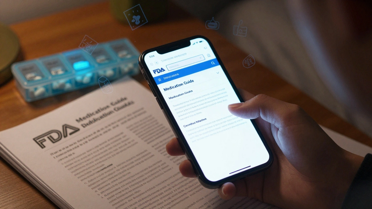 A smartphone displaying the FDA&#039;s Medication Guide webpage in a bedroom at night.
