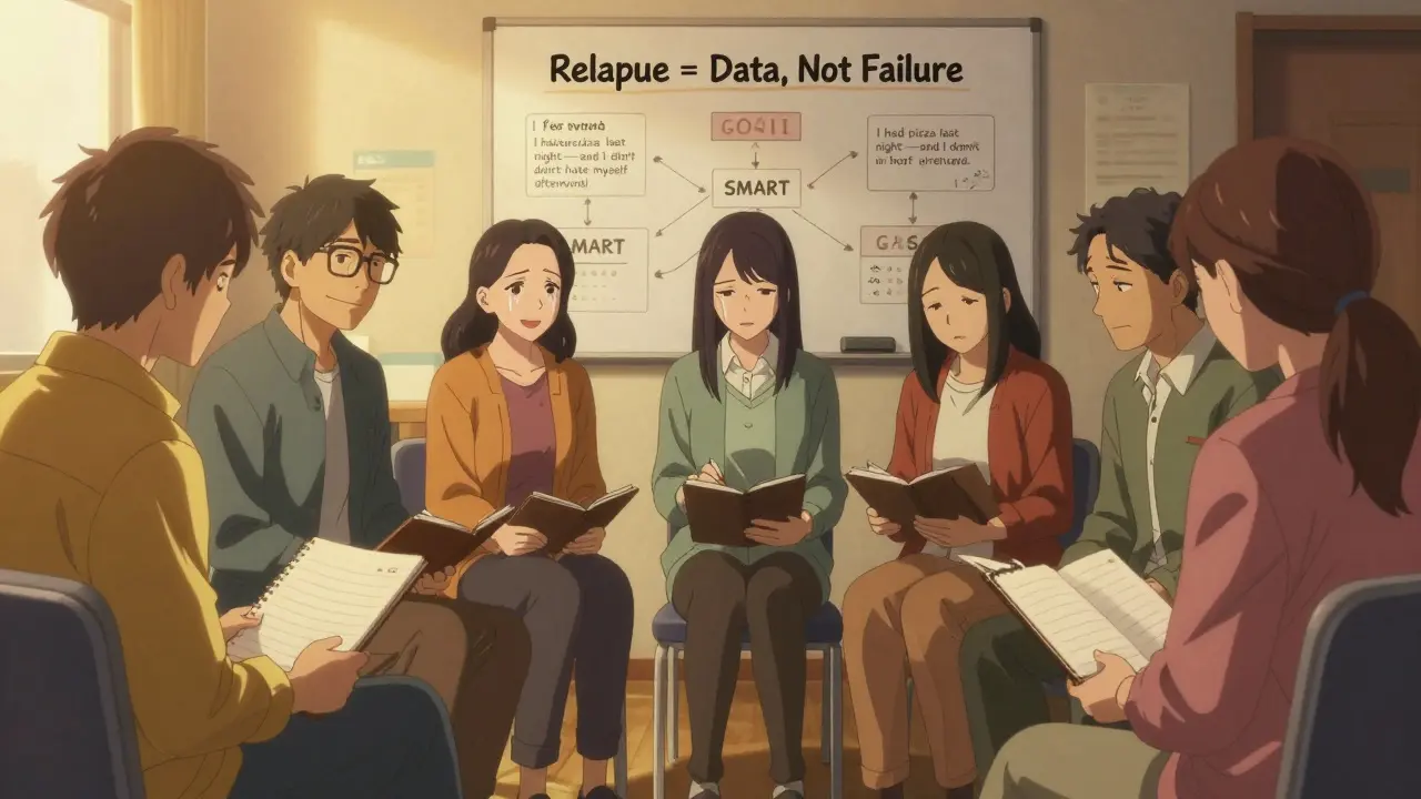 A supportive group therapy session where people share emotional breakthroughs about food and self-worth.