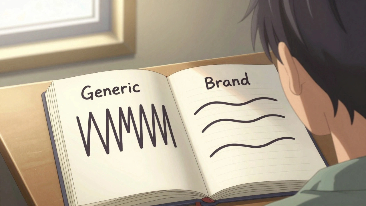 An open journal comparing mood lines for generic and brand medication, with soft light revealing they&#039;re nearly identical.