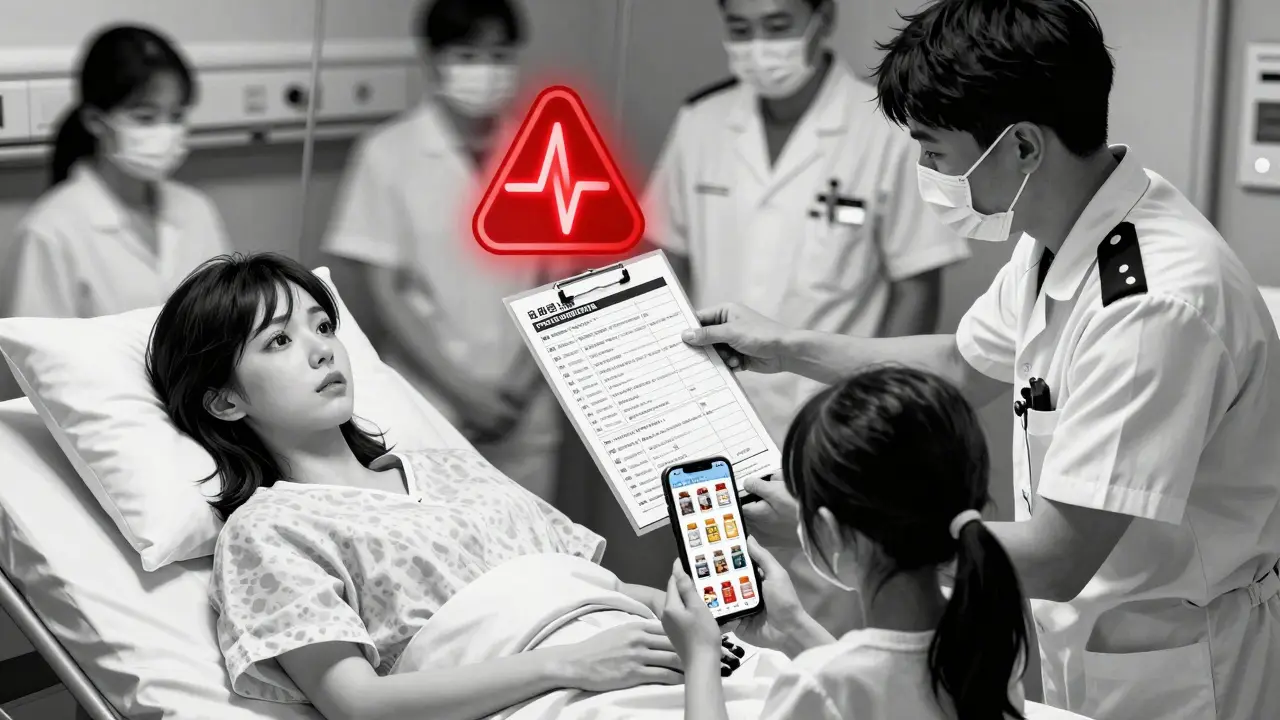 An unconscious woman in an ER is attended to as a paramedic reads her medication list while her daughter shows pill photos on a phone.