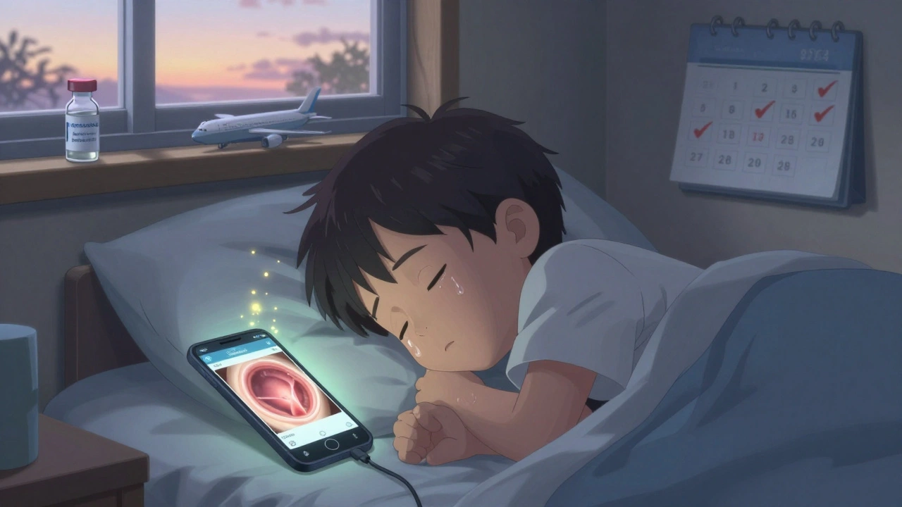 Child sleeping peacefully as smartphone shows healing eardrum, dawn light symbolizing recovery.