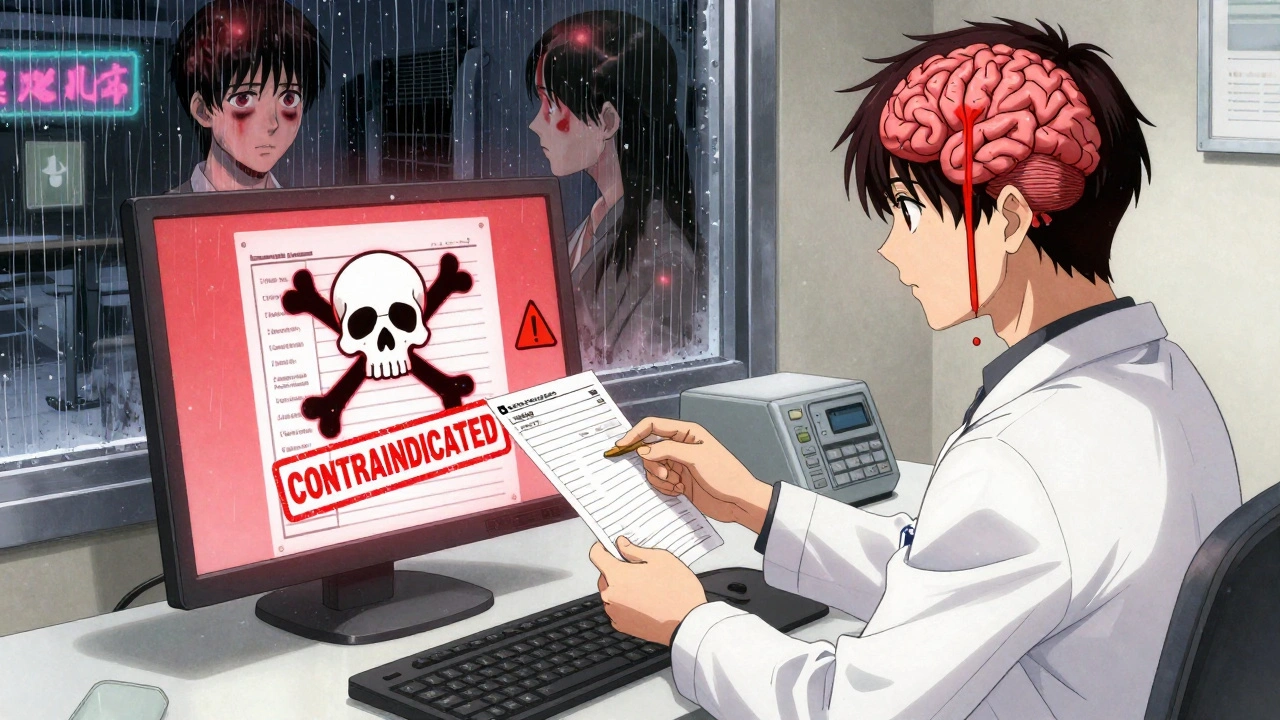 Dermatologist’s office with red warning on screen, patient’s chart marked &#039;CONTRAINDICATED&#039;, rain on window reflecting neon lights.