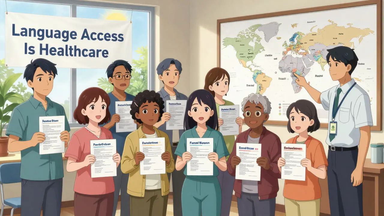 Diverse patients gather in a community center, holding translated medication guides under a banner for language access.