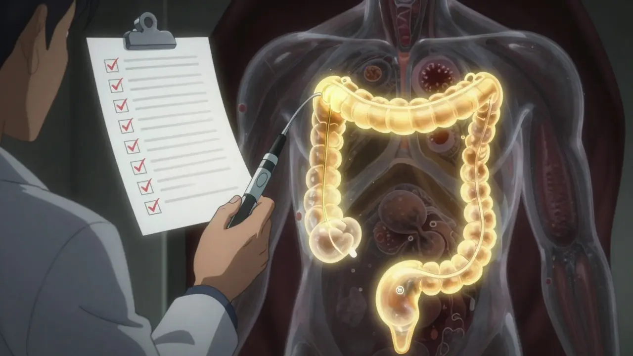 Doctor holding scope with glowing clear colon vs. dark, polyp-filled colon in background.