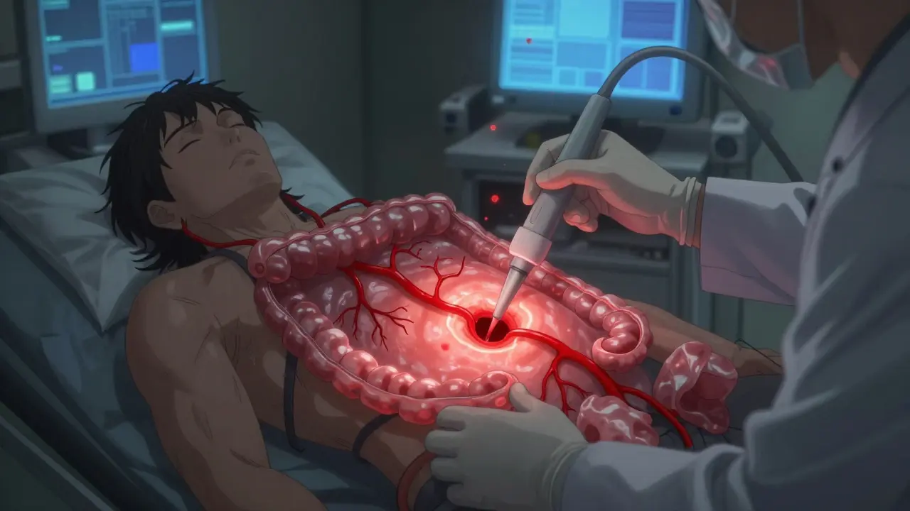 Doctor performing colonoscopy to stop bleeding from a vascular lesion in the colon.