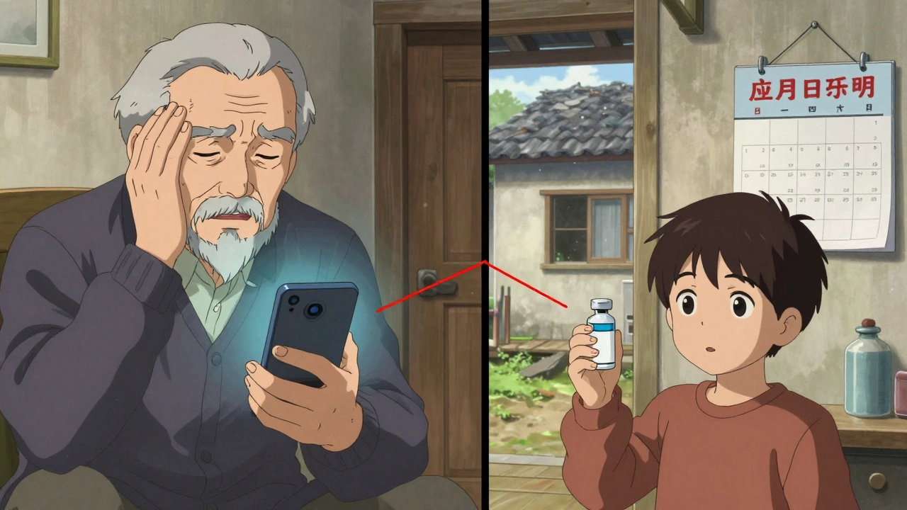 Elderly man on a telehealth call while a child holds an empty insulin vial in a rural home.