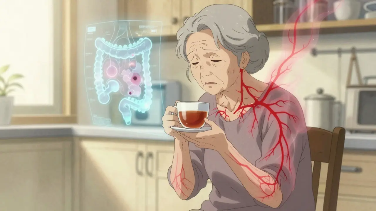 Elderly woman with anemia, ghostly red veins symbolizing chronic blood loss in kitchen.