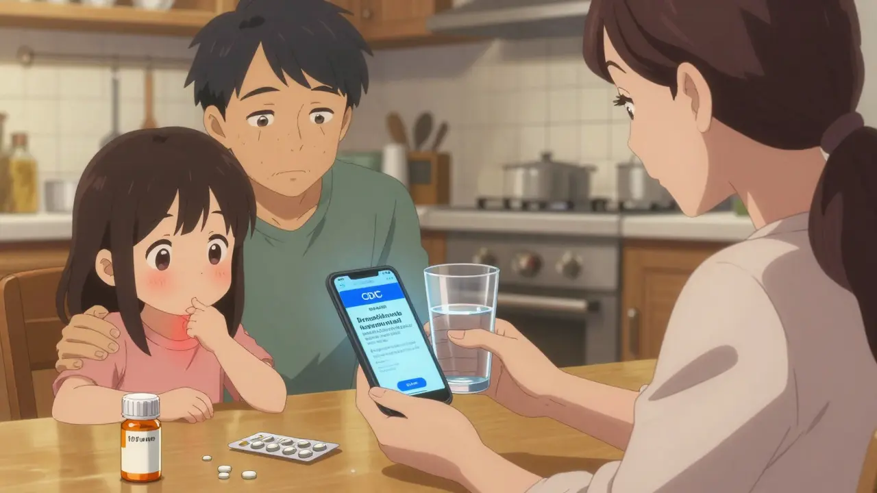 Family at dinner with antibiotics and CDC warning on phone, emphasizing responsible antibiotic use.