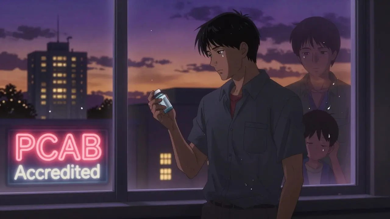 Father holding an empty vial, ghostly image of Emily Jerry reflected in the window at dusk.