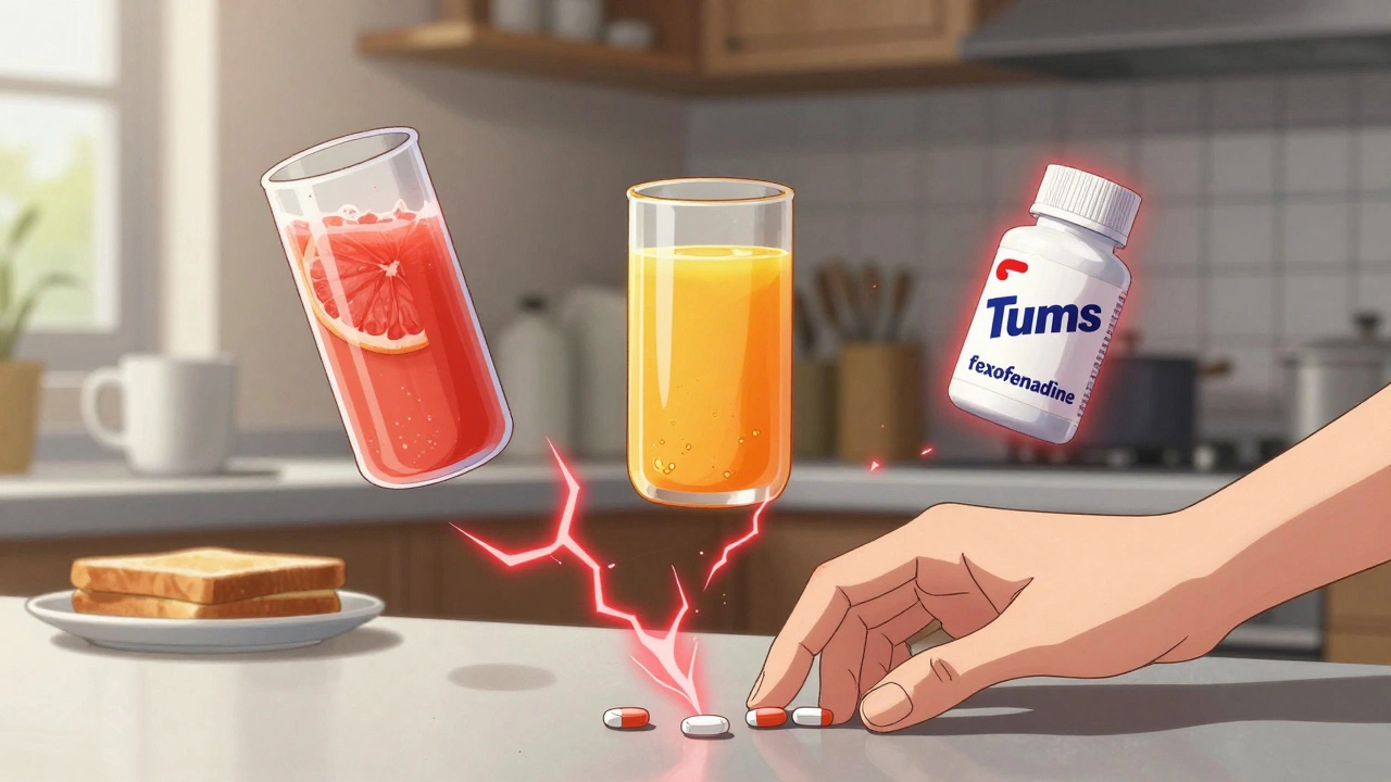 Fexofenadine pills repelled by grapefruit juice and antacids, while cetirizine sits freely beside food on a counter.