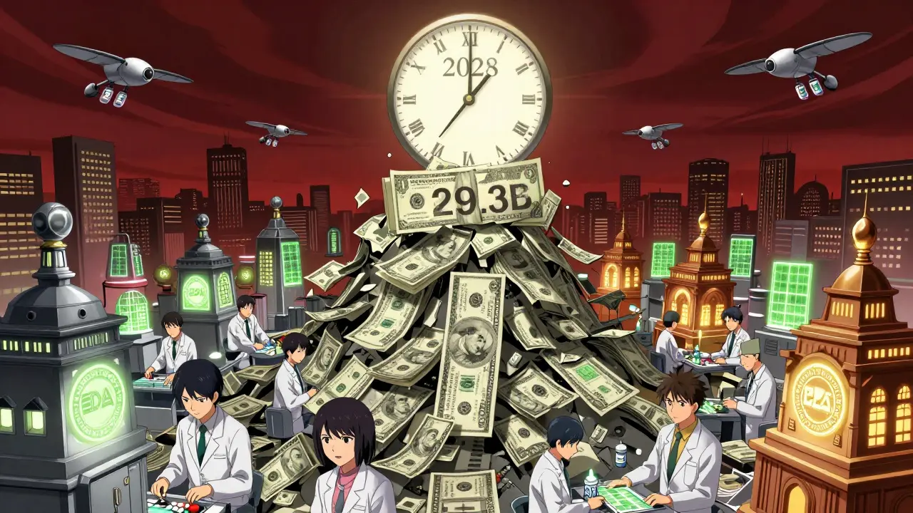 Financial mountain of Keytruda revenue crumbling as generic factories rise in neon-lit valley