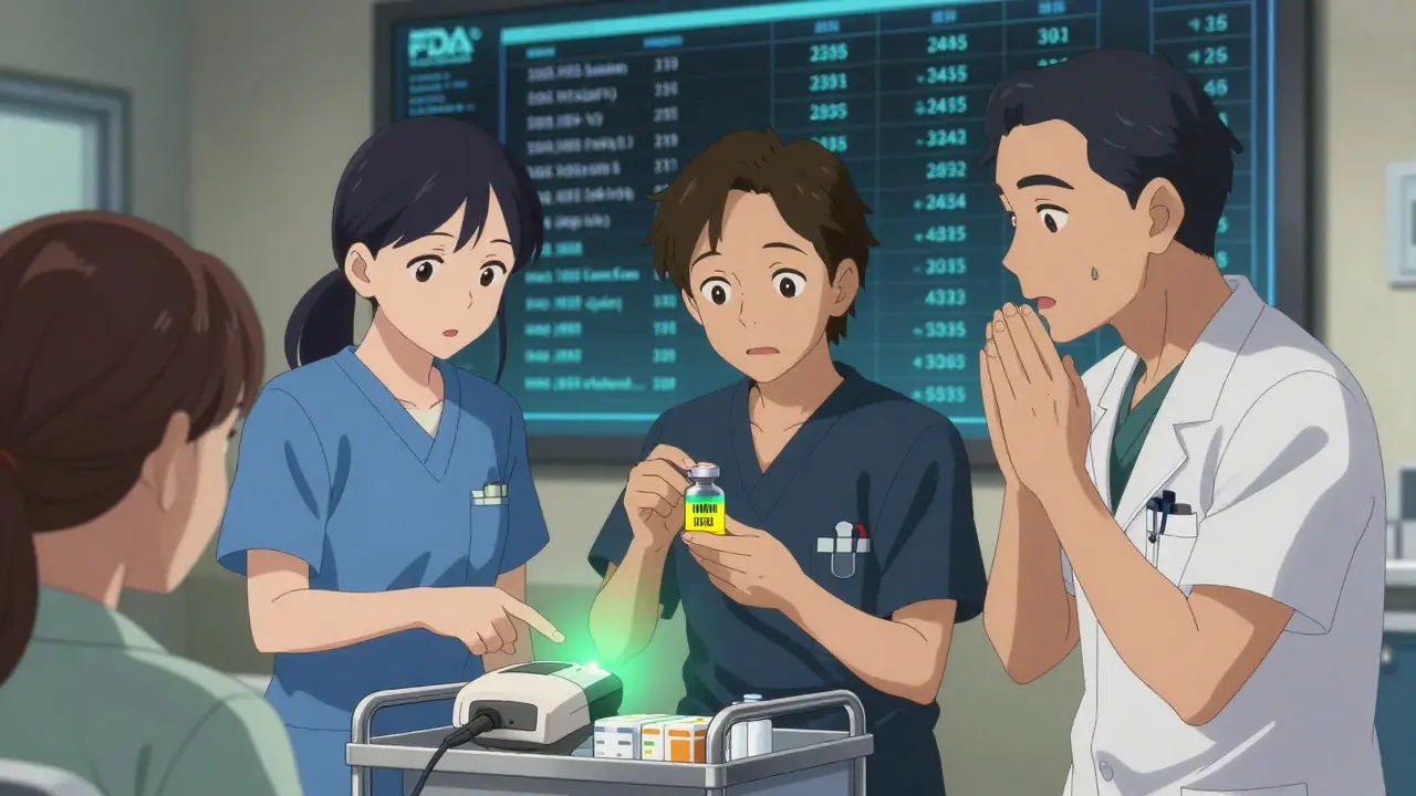 Healthcare team confirming medication safety with barcode scanner and color-coded vials.