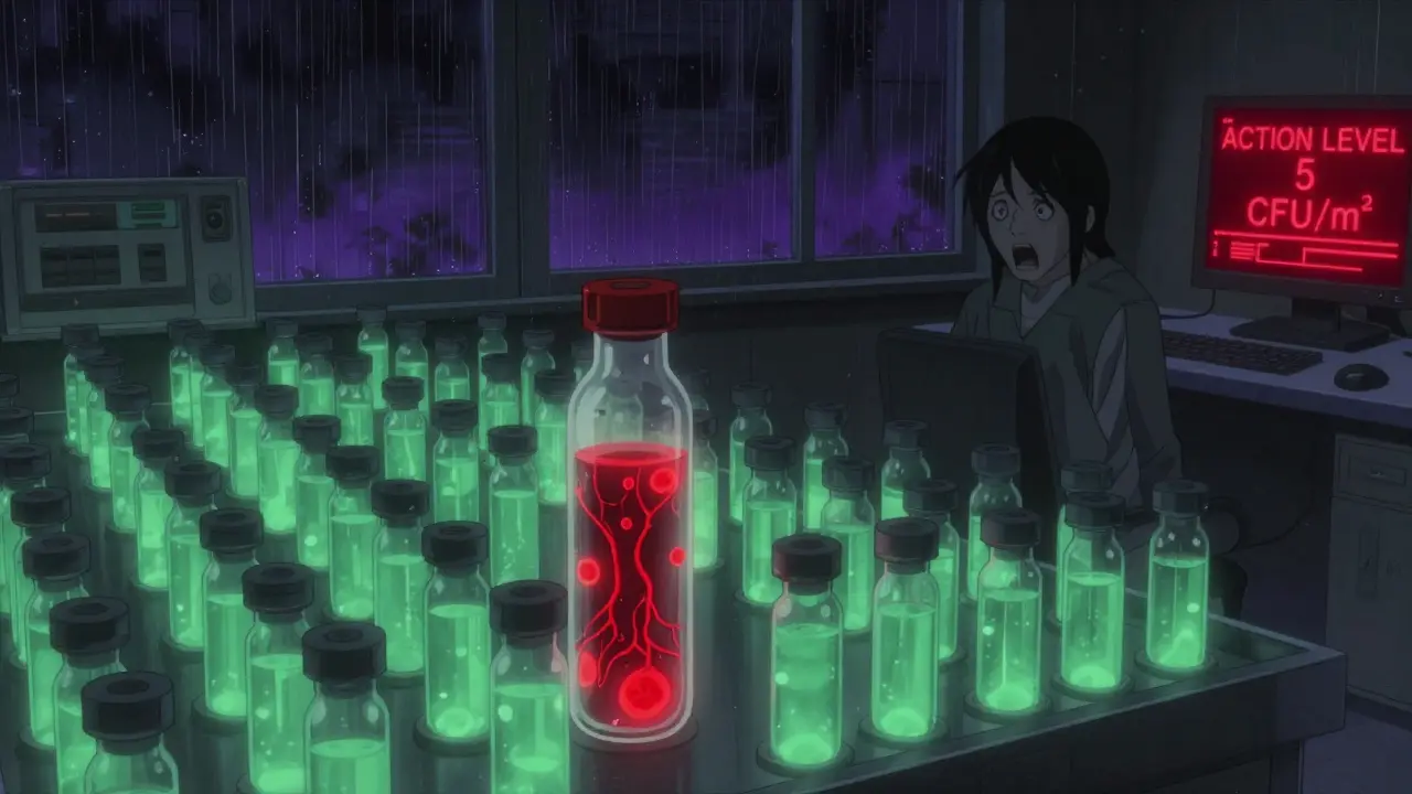 Media fill lab with glowing vials, one infected with red bacteria, technician in shock under UV light and red alerts.