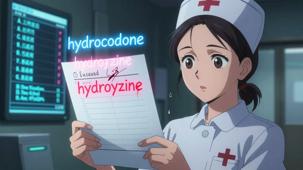 Nurse staring at a handwritten prescription as ghostly drug name overlays appear in error.