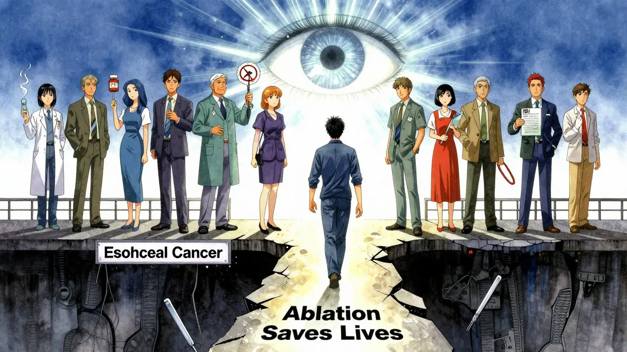 Patients on a bridge toward salvation, holding tools for managing Barrett’s esophagus under an AI-scan horizon.