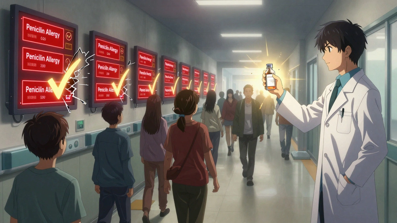 Patients walk past shattering allergy labels in a hospital, replaced by golden checkmarks as systemic change occurs.