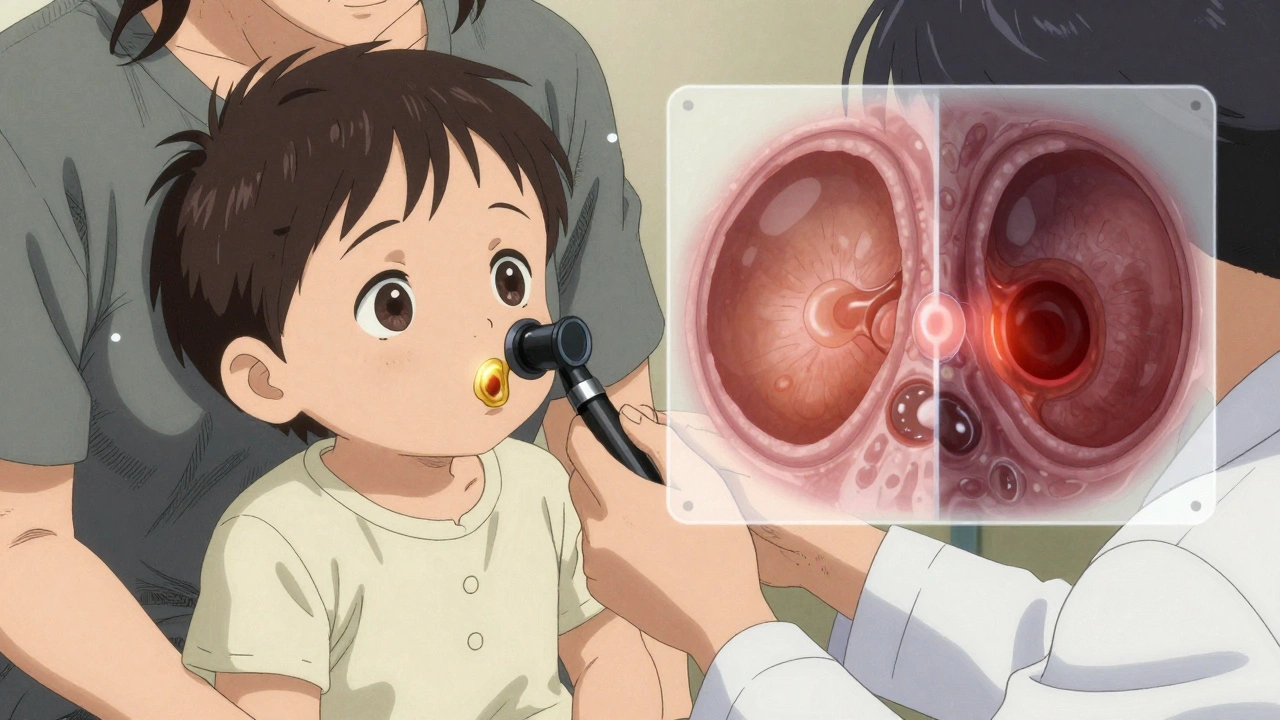 Pediatrician examining toddler&#039;s ear with otoscope, visualizing infected eardrum in translucent layers.