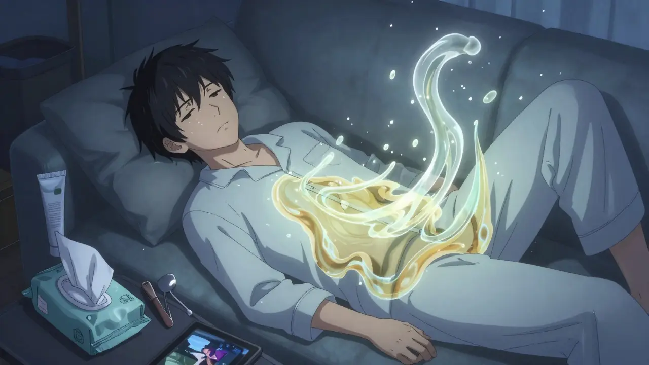 Person resting on couch with toiletries nearby, abstract clear liquid flowing from body.