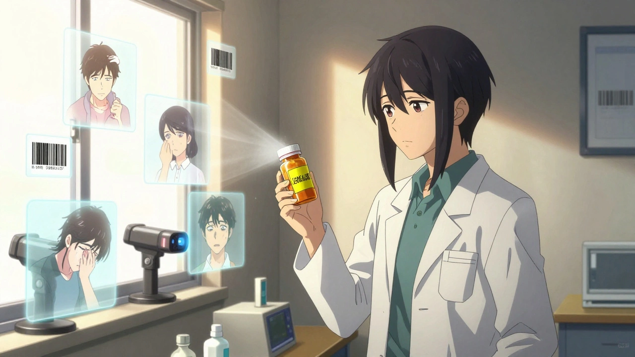 Pharmacist holding a pill bottle with yellow warning sticker, ghostly images of past errors fading around them in quiet room.