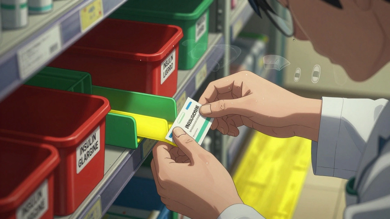 Pharmacist placing colored dividers between insulin bottles, bright yellow tape on floor marking safe separation in storage aisle.