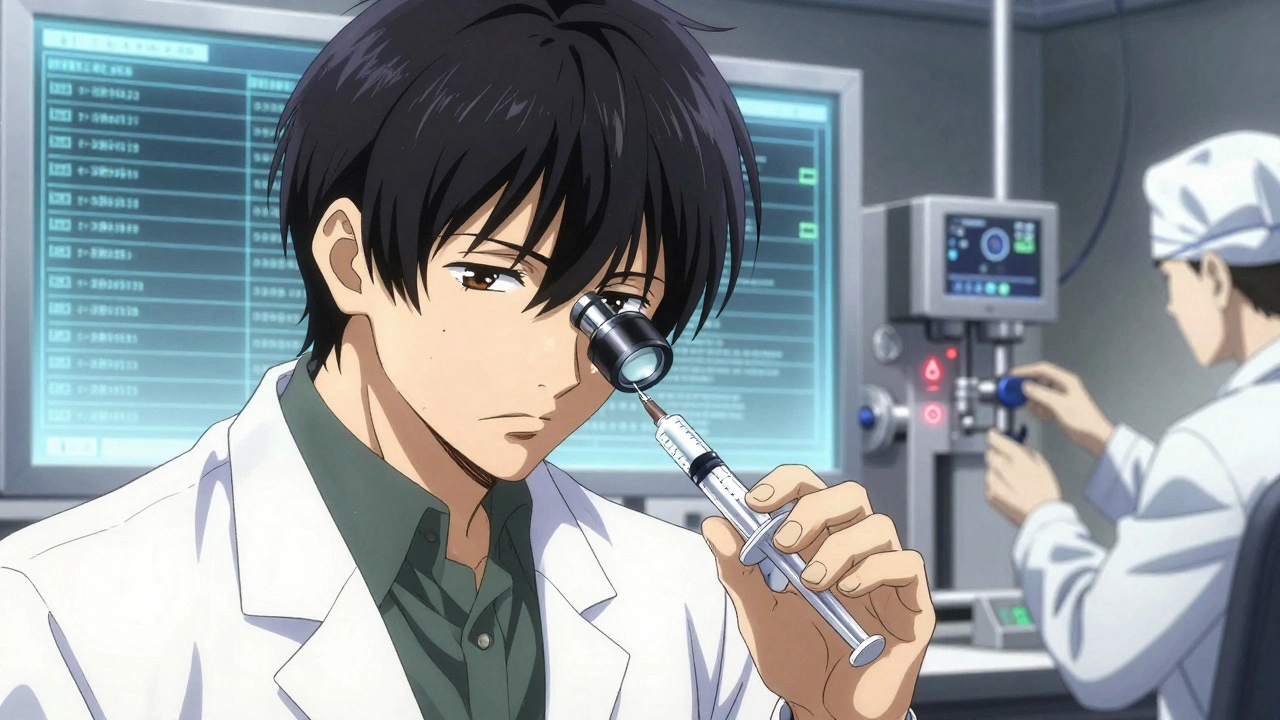 Quality inspector examining a medical syringe under magnification in a sterile lab with digital audit trails.