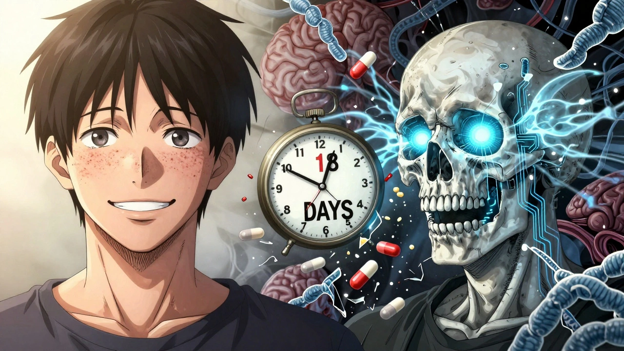 Split image: healthy face vs. same face with glowing optic nerves and shattered pills, clock reading &#039;18 DAYS&#039; in center.