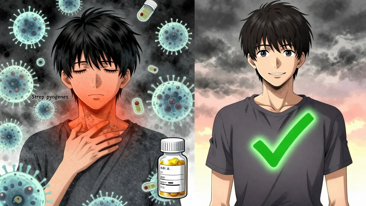 Split image of strep infection vs recovery, showing bacterial ghosts fading into healthy glow after treatment.