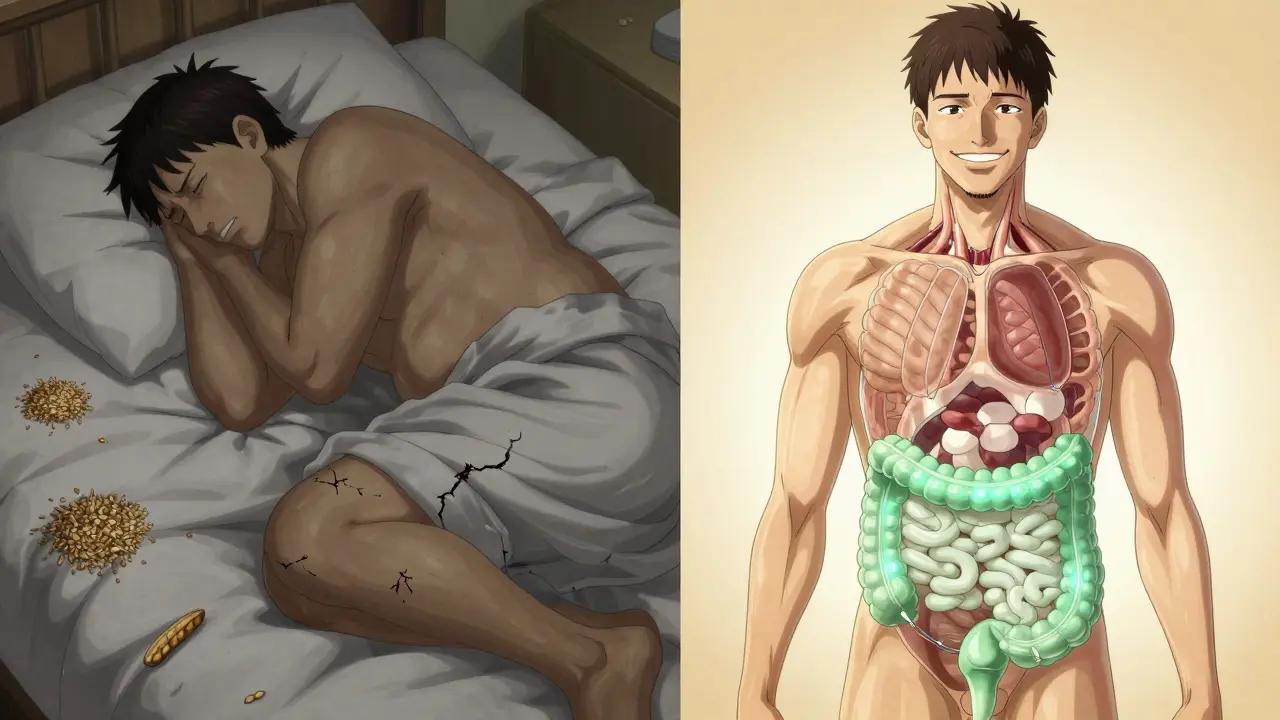 Split scene: bloated man surrounded by fiber vs. relieved man with glowing intestinal fluid flow.