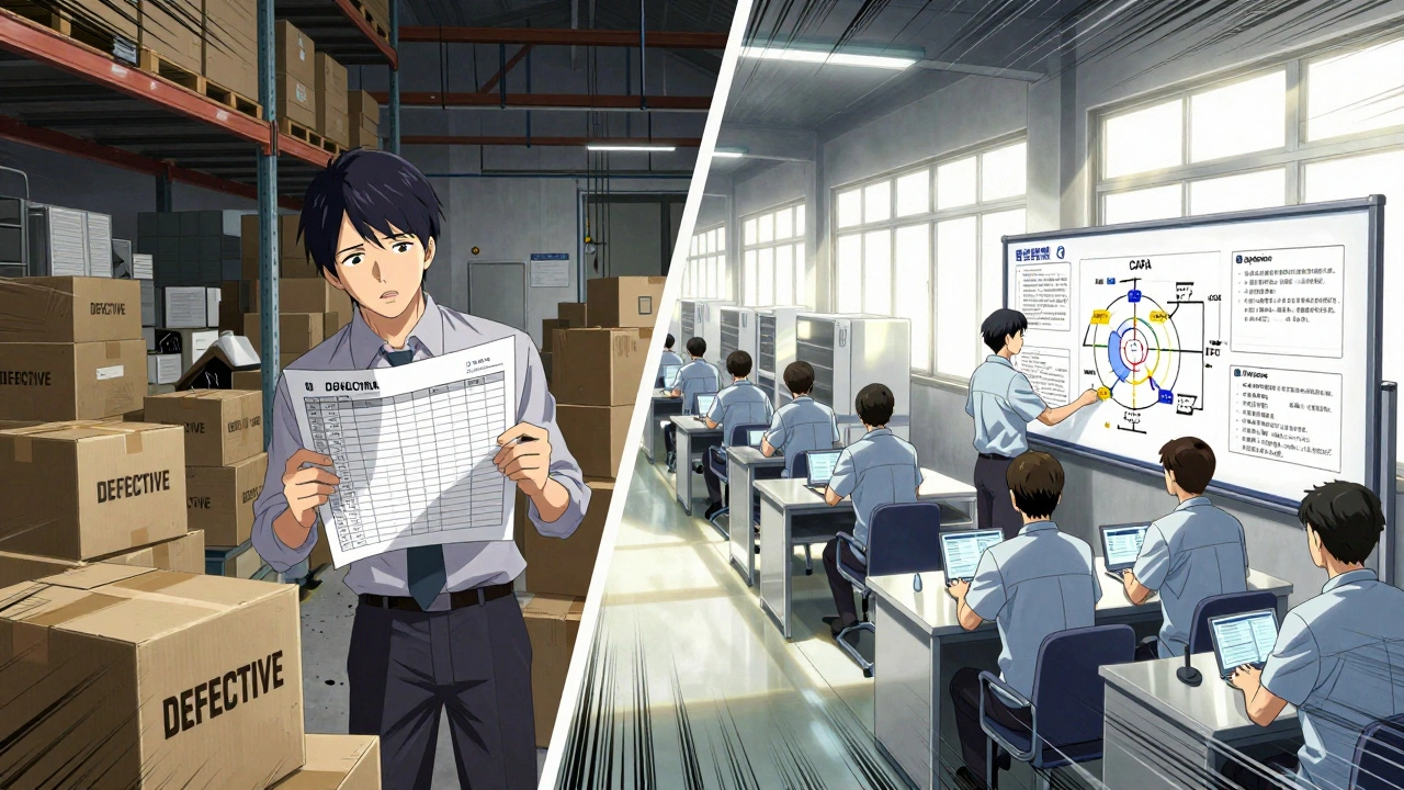 Split scene: chaotic defective products vs. organized QC process with digital logs and trained staff.