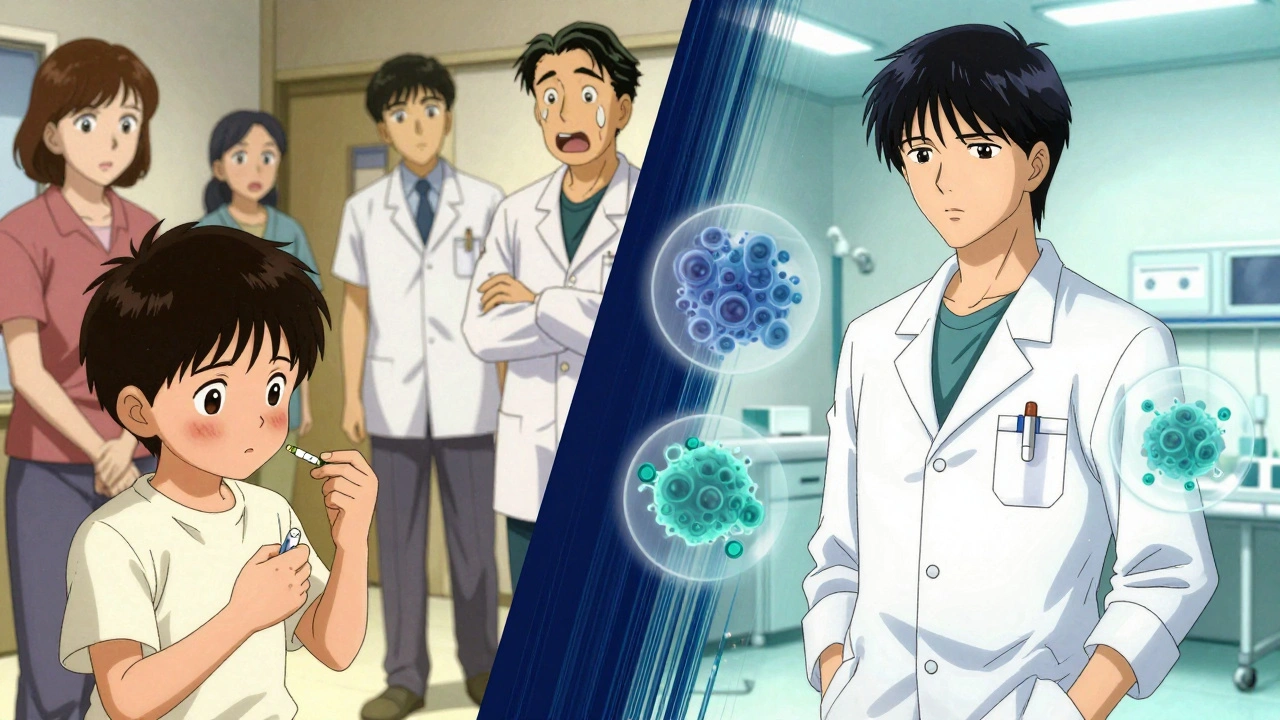 Split scene: child with rash in past vs adult safely taking penicillin today, showing how allergies fade over time.