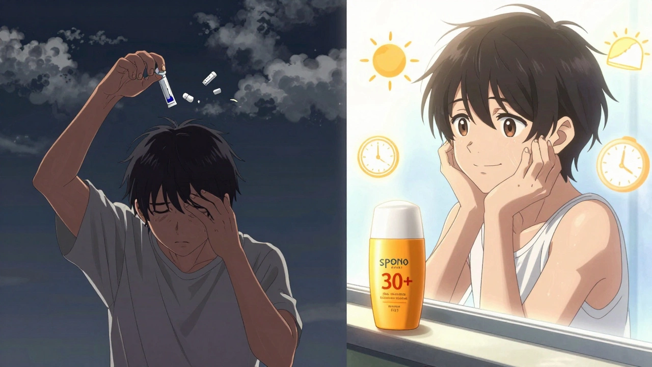 Split scene: frustration with retinoids on left, radiant skin and sunscreen on right after 12 weeks.