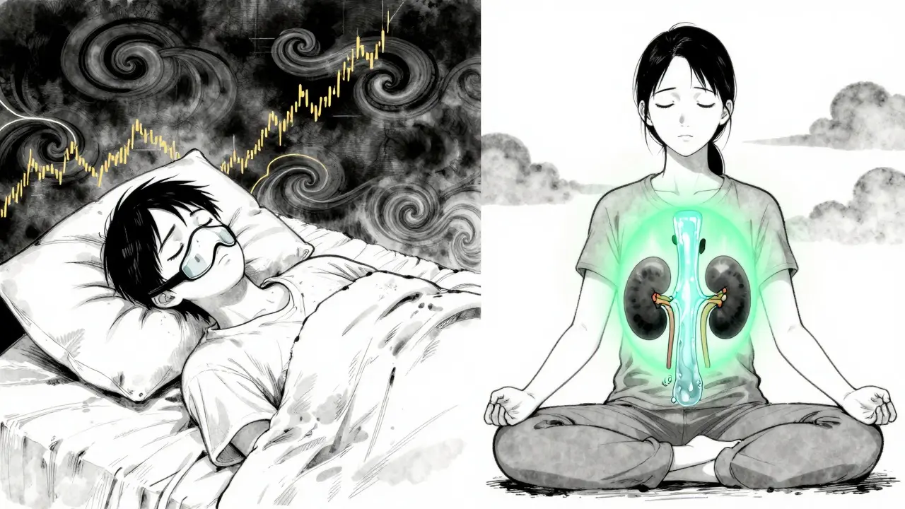 Split scene: stressed person vs. calm meditator, with dark clouds giving way to healing green light flowing to a kidney.