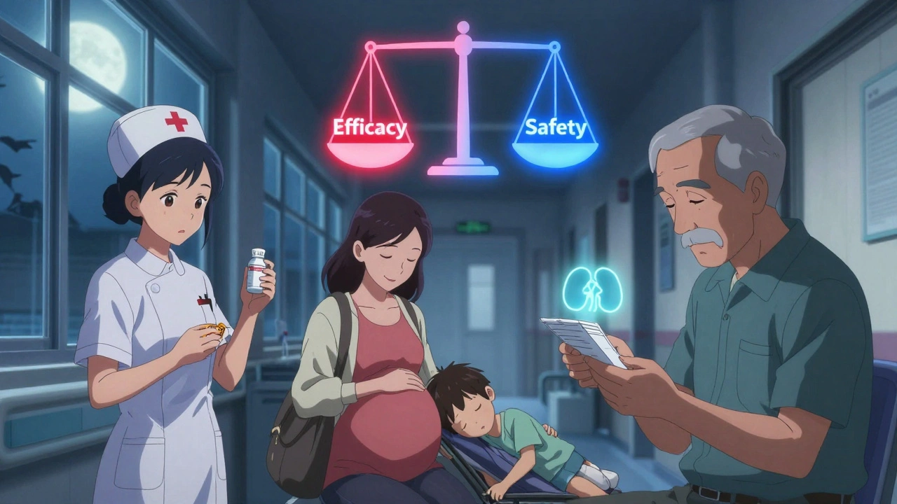 Three individuals—a nurse, pregnant woman, and elderly man—each interacting with antihistamines under moonlit hospital lighting.