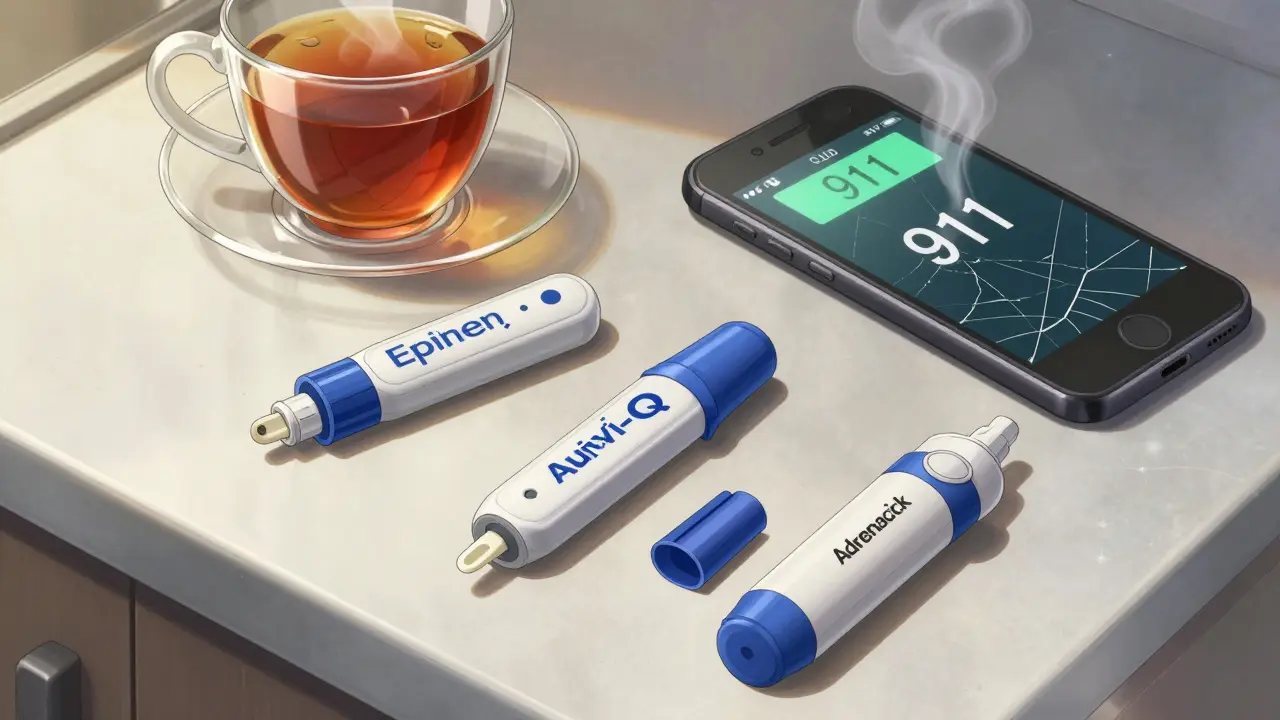 Three types of epinephrine injectors on a counter with a phone showing 911, one cap removed.
