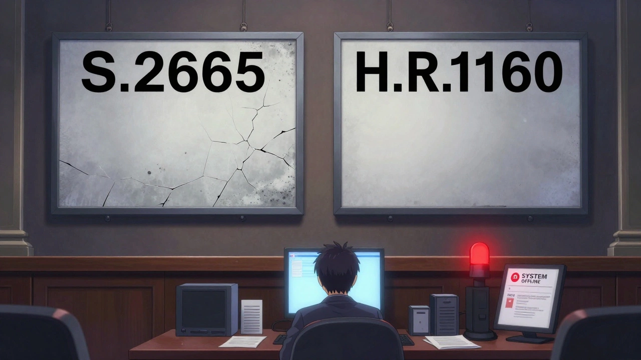 Two congressional bills hang in an empty chamber, one cracked, one blank, while an FDA monitor reads &#039;SYSTEM OFFLINE&#039;.