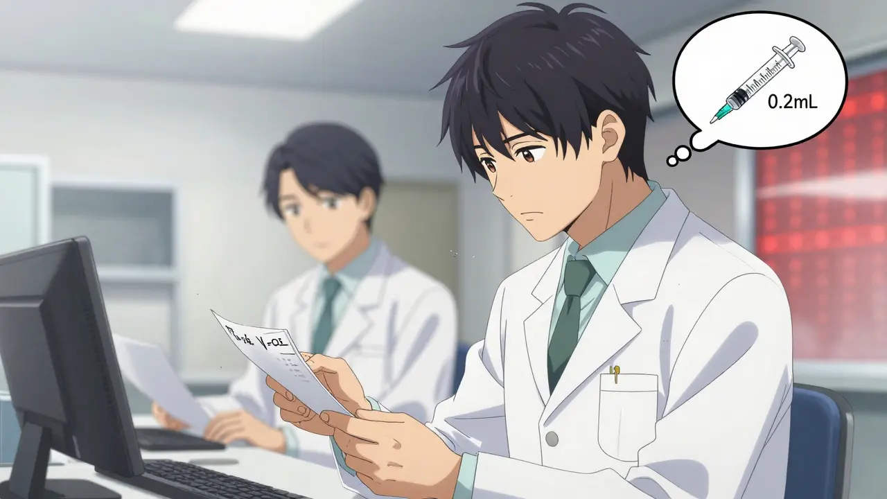 Two pharmacists double-checking a pediatric dose with a gravimetric analyzer glowing in the background.