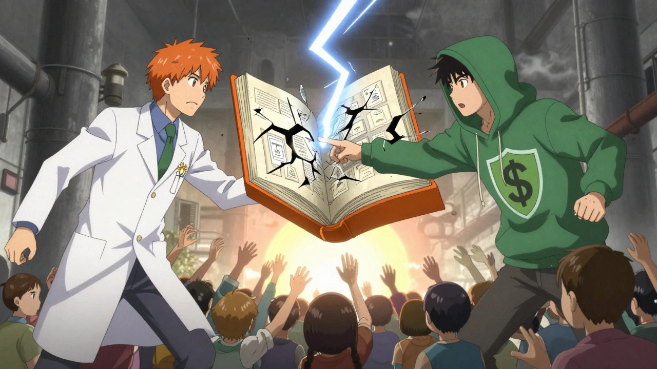 Two symbolic figures battle over a cracking Orange Book while patients reach toward light.