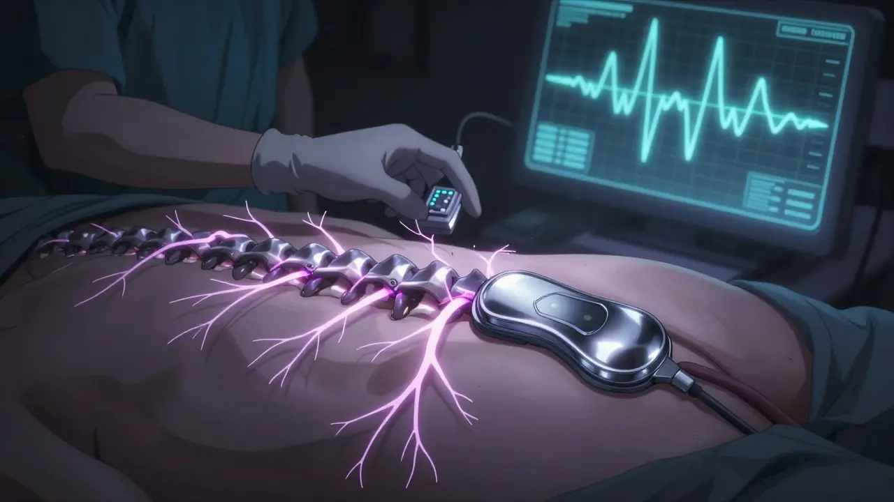 A close-up of an implanted spinal stimulator with glowing neural pathways tracing up the spine, surrounded by sleek medical tech.