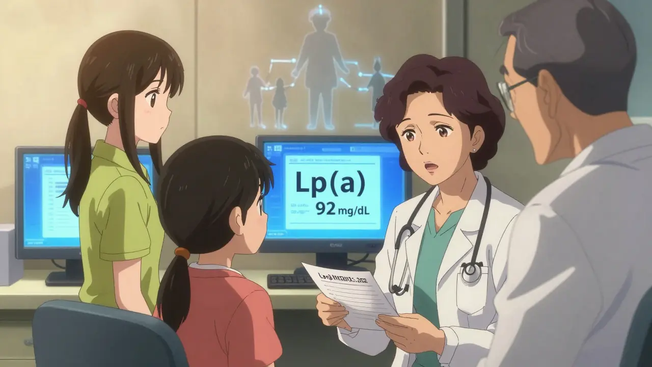 A family in a doctor’s office receiving Lp(a) test results, emotional expressions, medical chart showing high levels.
