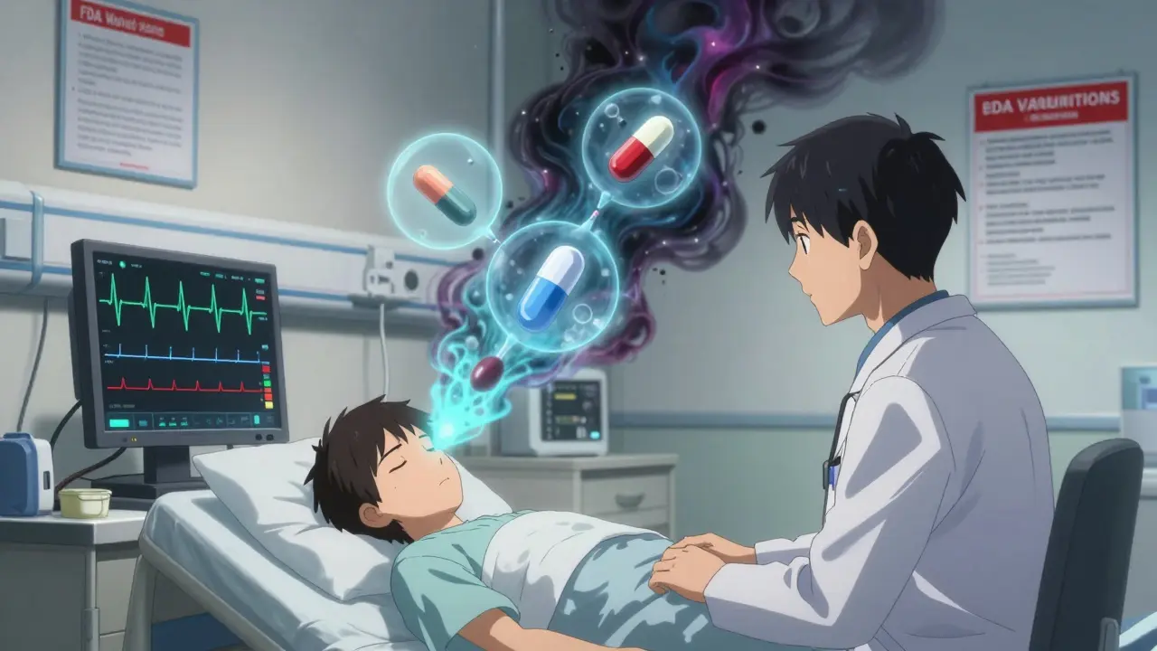 A hospital monitor showing irregular breathing patterns with floating drug icons forming a dark cloud above a patient with COPD.