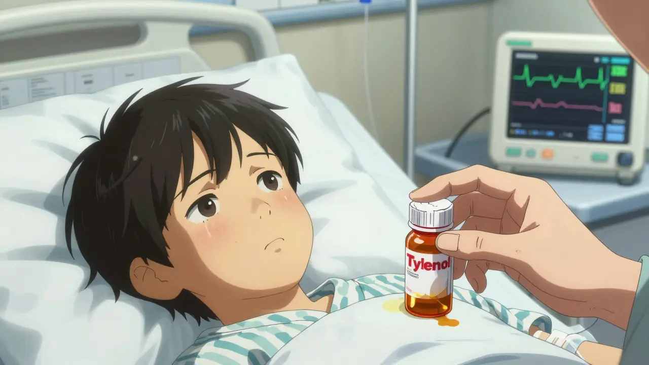 A jaundiced child in a hospital bed with IV lines and erratic monitor readings, holding a Tylenol bottle.