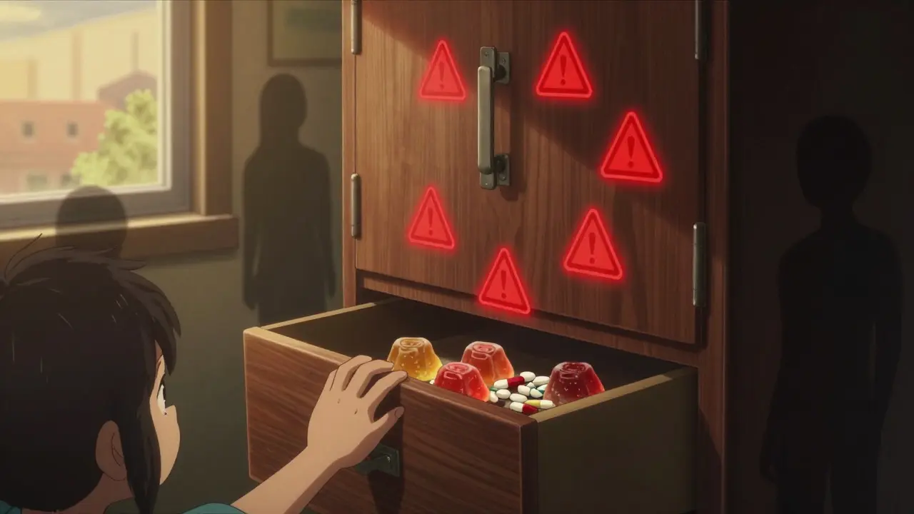 A locked medicine cabinet with glowing red warnings, while gummy edibles and pills lie exposed in an open drawer.