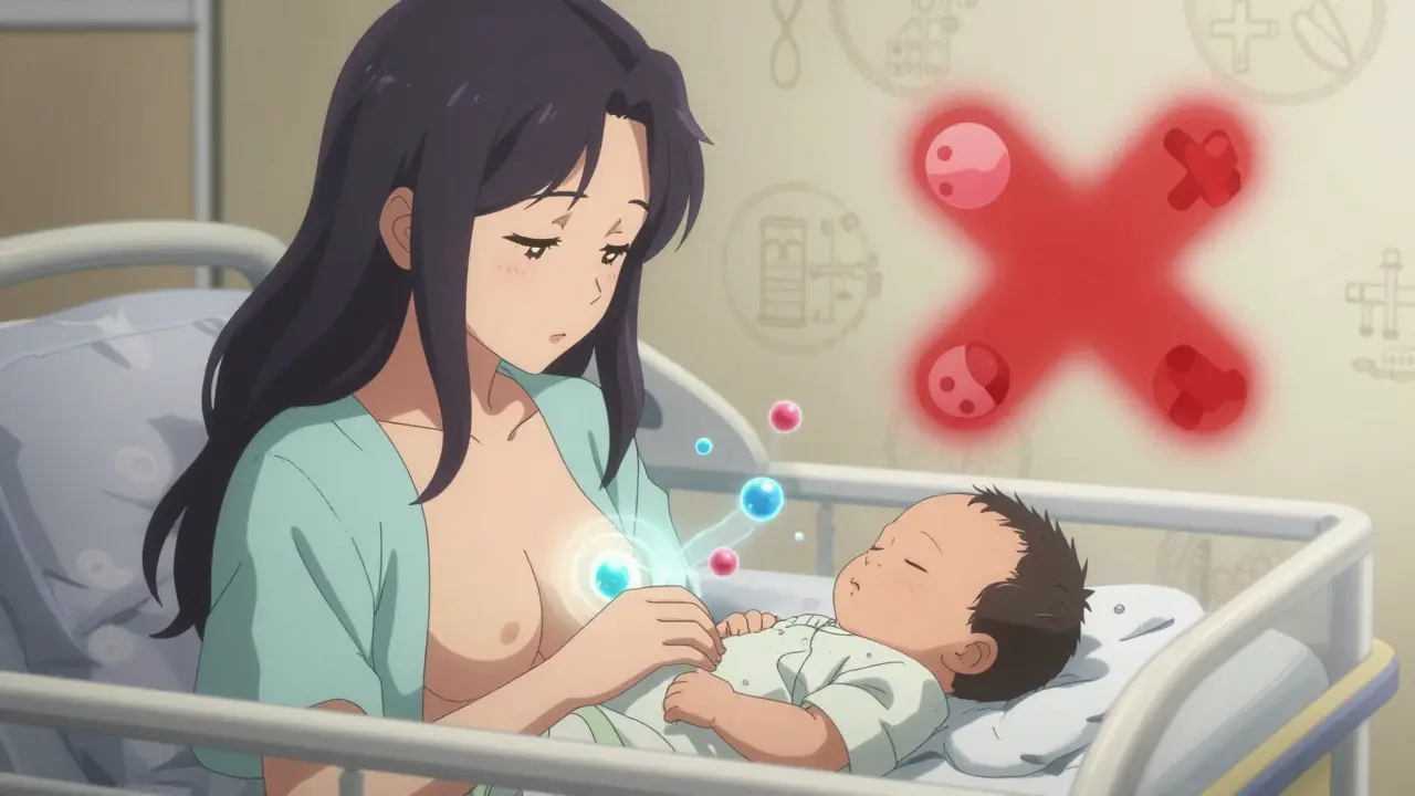 A parent breastfeeding a newborn, with safe drug molecules gently flowing while dangerous drugs are marked with red Xs.