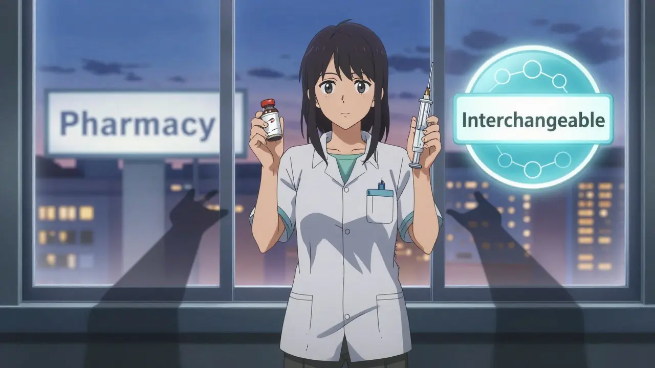 A patient holding both generic and biosimilar medications, shadows forming paths to affordable care.