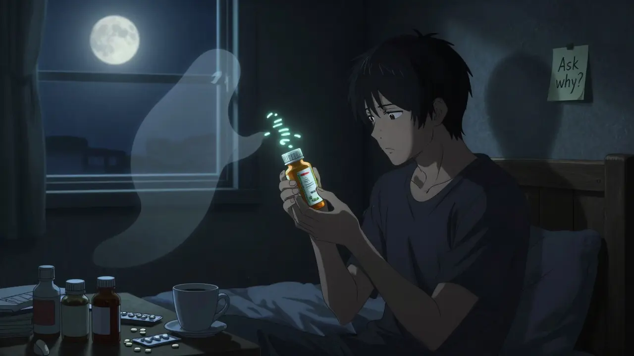 A person confused by pill appearance at night, with correct and incorrect pills floating nearby.