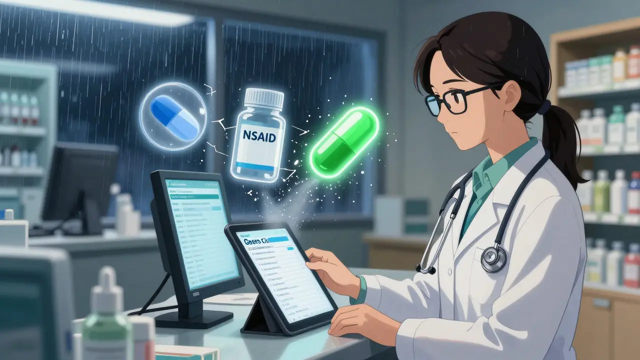 A pharmacist at night reviewing the Beers Criteria on a screen, dangerous drugs fading into dust.