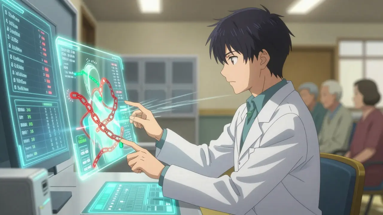 A pharmacist reviewing a holographic patient profile with real-time drug interaction warnings on a digital screen.